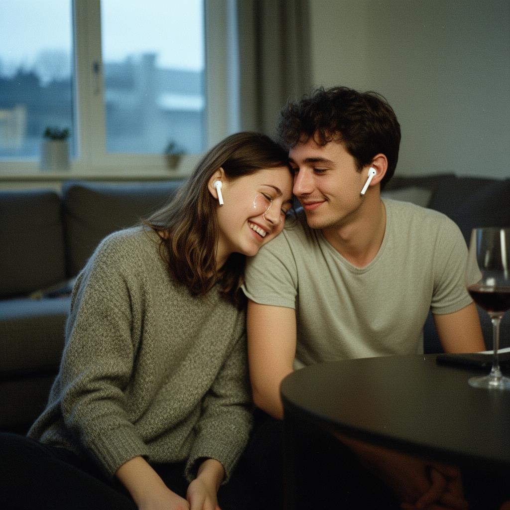 Couple souriant écoutant de la musique ensemble