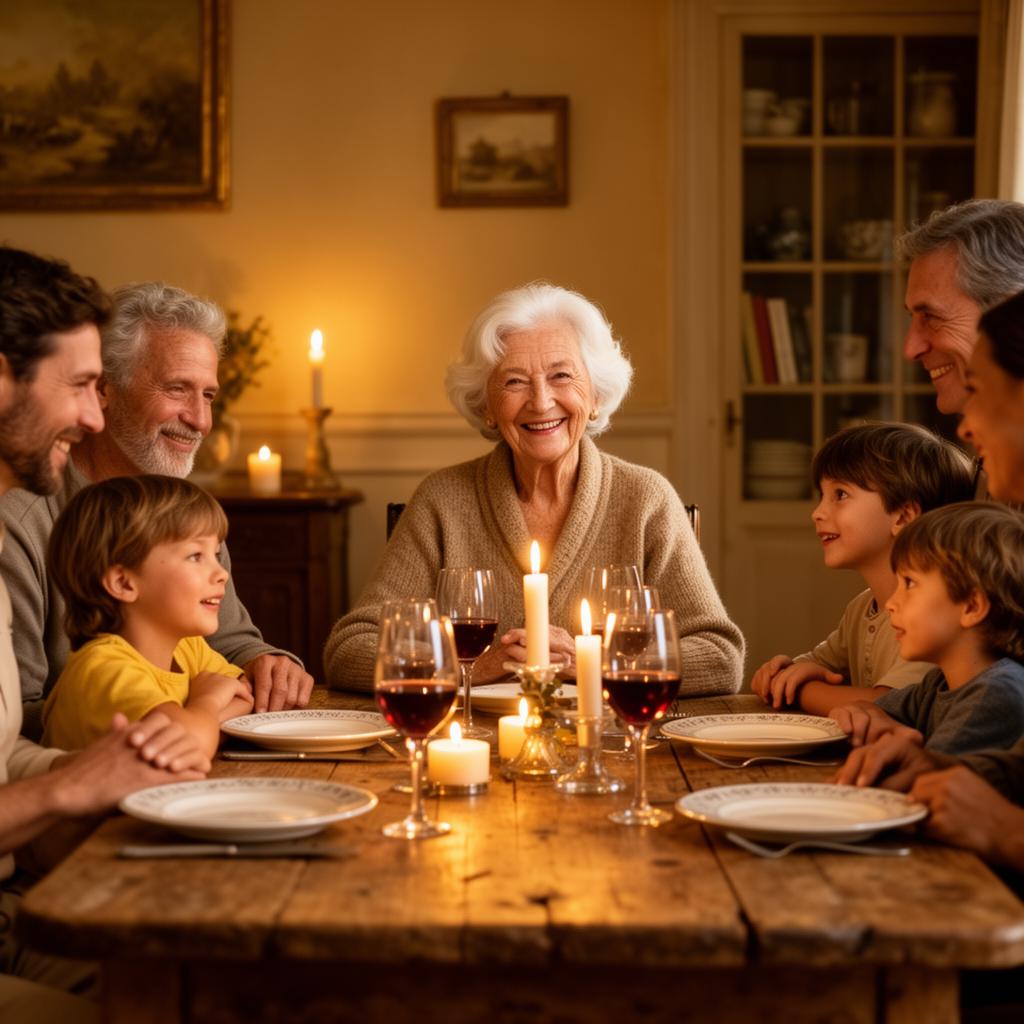 Mamie de 80 ans entourée de sa famille à table